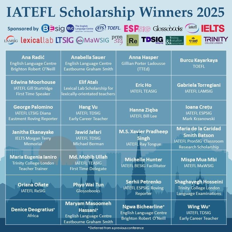 Have you seen the #IATEFL2025 scholarship winners?
Congratulations all! We look forward to seeing you all next year…
…Especially Euge Ianiro, who just joined us as a new TDSIG Committee Member!
iatefl.org/scholarships
#IATEFL #ELT #ScholarshipWinners #TeachingEnglish #ELTChat