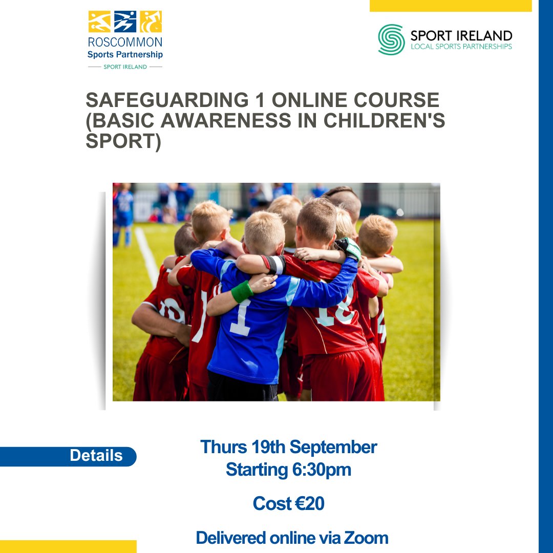 Roscommon Sports Partnership (@ros_sports) on Twitter photo ๐ฆ๐ฎ๐ณ๐ฒ๐ด๐๐ฎ๐ฟ๐ฑ๐ถ๐ป๐ด ๐ญ(Basic Awareness in Children's Sport) ๐ป๐ผ๐ ๐ฎ๐๐ฎ๐ถ๐น๐ฎ๐ฏ๐น๐ฒ ๐๐ผ ๐ฟ๐ฒ๐ด๐ถ๐๐๐ฒ๐ฟ
โ
When: 19th September 2024
โ
Starts: 6.30pm
โ
Cost: โฌ20
โ
Register here (spaces limited) eventbrite.com/e/1014373537557
#KeepingRoscommonActive <a href="/sportireland/">Sport Ireland</a> #safeguarding ๐ฆ๐ฎ๐ณ๐ฒ๐ด๐๐ฎ๐ฟ๐ฑ๐ถ๐ป๐ด ๐ญ(Basic Awareness in Children's Sport) ๐ป๐ผ๐ ๐ฎ๐๐ฎ๐ถ๐น๐ฎ๐ฏ๐น๐ฒ ๐๐ผ ๐ฟ๐ฒ๐ด๐ถ๐๐๐ฒ๐ฟ
โ
When: 19th September 2024
โ
Starts: 6.30pm
โ
Cost: โฌ20
โ
Register here (spaces limited) eventbrite.com/e/1014373537557
#KeepingRoscommonActive <a href="/sportireland/">Sport Ireland</a> #safeguarding