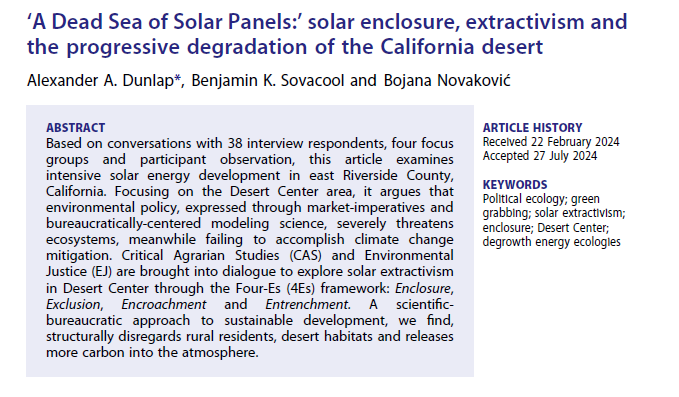 Alexander Dunlap (@drx_adunlap) on Twitter photo 1/📢 NEW ARTICLE!
I am so pleased to have a new🔓article <a href="/Peasant_Journal/">JPS</a> w/ <a href="/BenjaminSovaco1/">Benjamin Sovacool</a> & <a href="/bojnovak/">Bojana Novakovic</a>!
As <a href="/BasinRange/">Basin & Range Watch</a> & <a href="/DustinMulvaney/">Dustin Mulvaney</a> also show, solar development has serious negative impacts on California's deserts!
➡️doi.org/10.1080/030661…
<a href="/IGS_BU/">BU Institute for Global Sustainability</a> #energy #degrowth 1/📢 NEW ARTICLE!
I am so pleased to have a new🔓article <a href="/Peasant_Journal/">JPS</a> w/ <a href="/BenjaminSovaco1/">Benjamin Sovacool</a> & <a href="/bojnovak/">Bojana Novakovic</a>!
As <a href="/BasinRange/">Basin & Range Watch</a> & <a href="/DustinMulvaney/">Dustin Mulvaney</a> also show, solar development has serious negative impacts on California's deserts!
➡️doi.org/10.1080/030661…
<a href="/IGS_BU/">BU Institute for Global Sustainability</a> #energy #degrowth