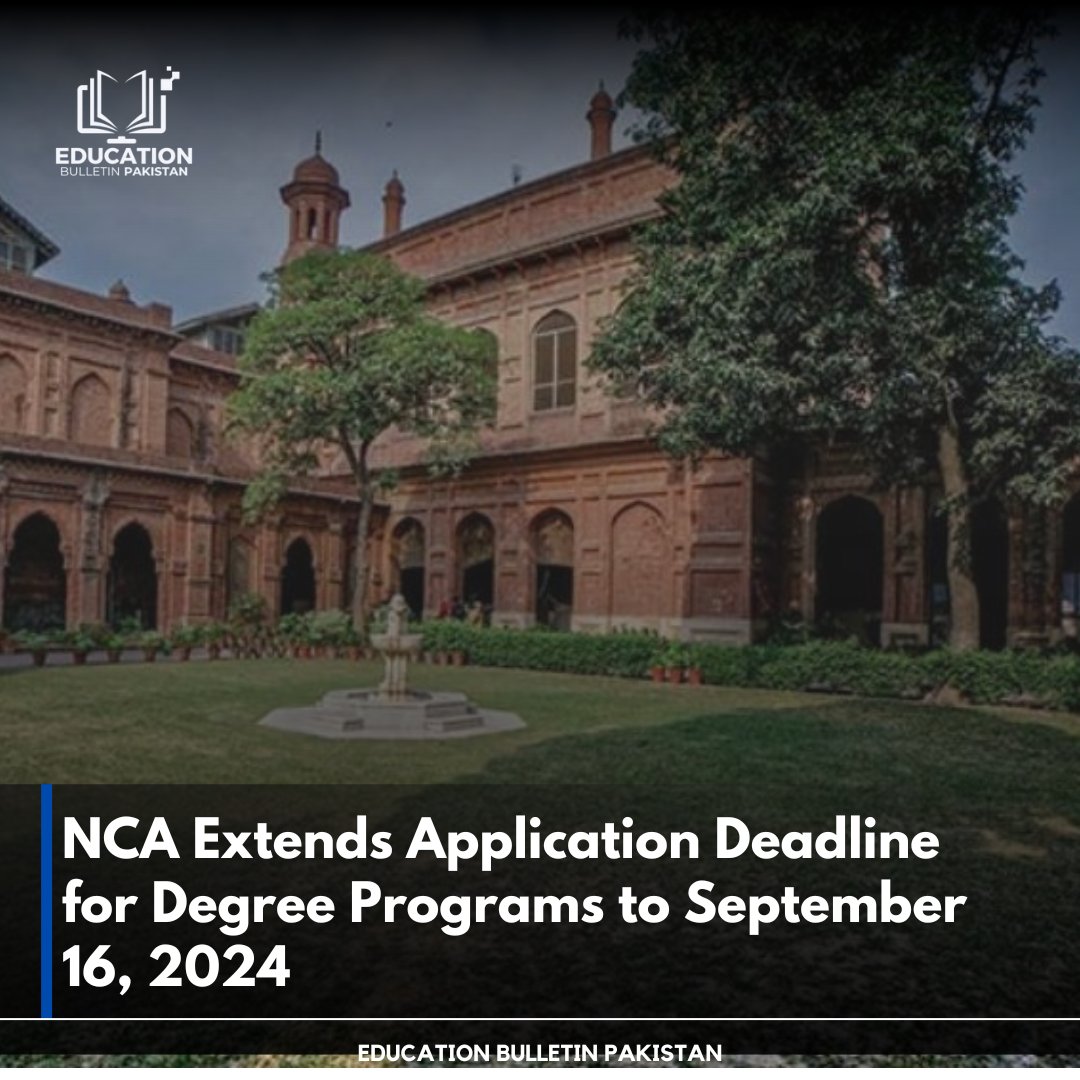 EduBulletinPK's tweet photo. NCA Extends Application Deadline for Degree Programs to September 16, 2024
#NCAAdmissions #FineArts #DesignEducation #ArchitectureProgram #PakistanEducation https://t.co/8RClGQULGi