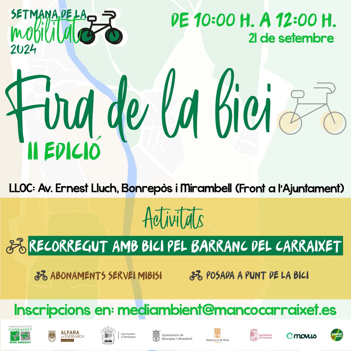 MEDI AMBIENT | SETMANA DE LA MOBILITAT 2024

🚴‍♀️Torna la Fira de la Bici en la seua II edició!

📅No t'ho perdes!

🚨És necessària inscripció prèvia per al recorregut amb bici pel barranc 🚨