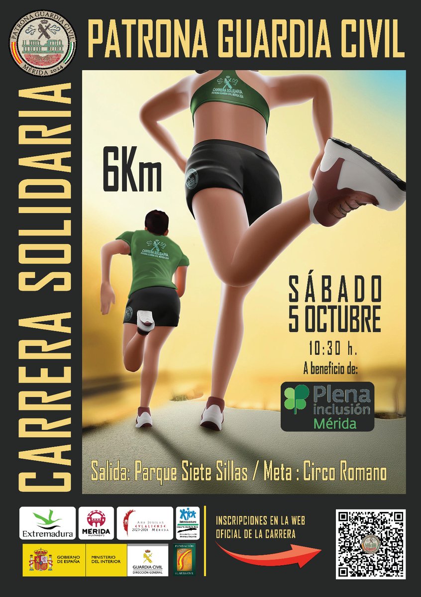 guardiacivil's tweet photo. Carrera Solidaria #PatronaGC2024🏃🏃🏿‍♂️🏃🏽‍♀️

📆 5 octubre
🕘 10:30 AM
📍 Parque Siete Sillas #Mérida
🖍️Inscripciones: https://t.co/jbVYNboPCL

A beneficio de "Plena Inclusión Mérida" @plena_merida https://t.co/mOhQ6leg44