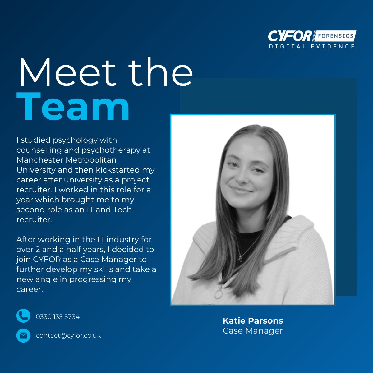 cyforforensics's tweet photo. Meet Katie Parsons, our new starter who has joined our dedicated team of Case Managers to support you with any enquiries you may have. ⭐

We're thrilled to welcome Katie to the team, find out more about her path to CYFOR.👇

#meettheteam #digitalforensics https://t.co/w2BHNgKEFv