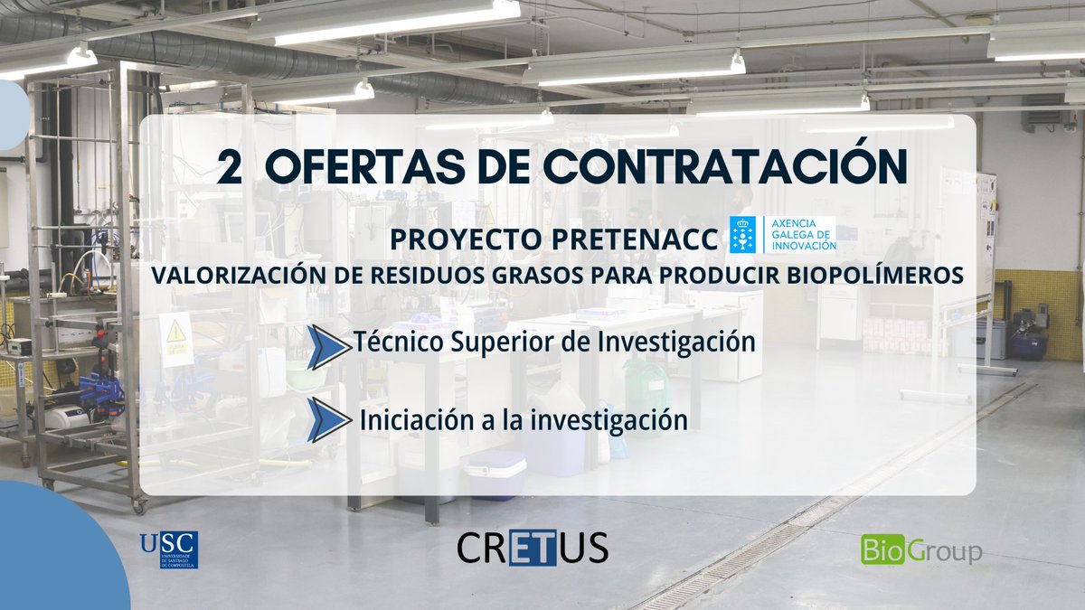 🚨2 Ofertas de contratación!
El proyecto #PRETENACC ‘Valorización de residuos grasos para producir biopolímeros’ Programa #Ignicia <a href="/axenciaGAIN/">Axencia Galega de Innovación</a> <a href="/Xunta/">Xunta de Galicia</a> busca incorporar 2 perfiles a su equipo!
👉cretus.usc.es/17290/2-contra…
🗓️deadline 23/09/2024
<a href="/AnuskaMosquera/">Anuska Mosquera Corral</a> #AngelesVal