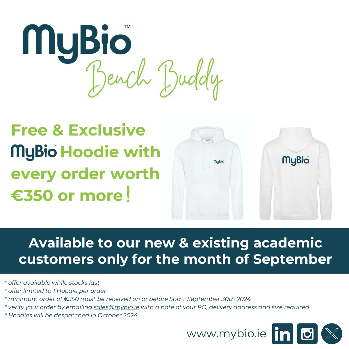 MyBio Europe (@mybioltd) on Twitter photo It's time to layer up!
mybio.ie/blogs/news/myb…
Simply:
✔ Place an order for products you require
✔ Email sales@mybio.ie outlining the PO Number, Delivery Address & Size Required
*Ts & Cs apply
#september #offer #academic #lifesciences #benchbuddy #team #mybio #ireland It's time to layer up!
mybio.ie/blogs/news/myb…
Simply:
✔ Place an order for products you require
✔ Email sales@mybio.ie outlining the PO Number, Delivery Address & Size Required
*Ts & Cs apply
#september #offer #academic #lifesciences #benchbuddy #team #mybio #ireland