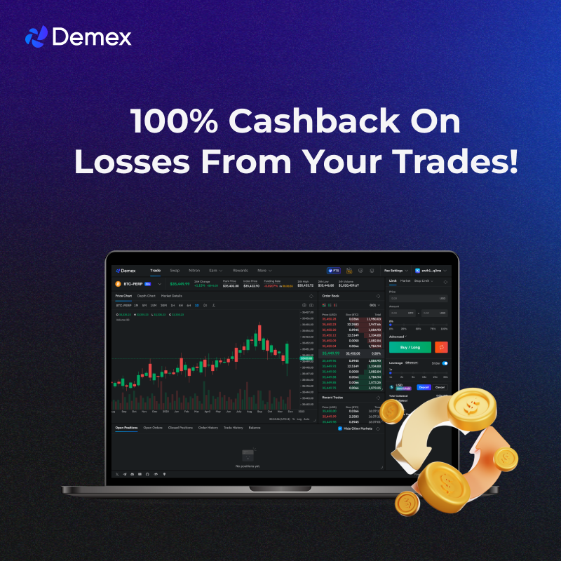demexchange's tweet photo. Trade Fearlessly – get up to 100% cashback on perpetual trading losses only on Demex.