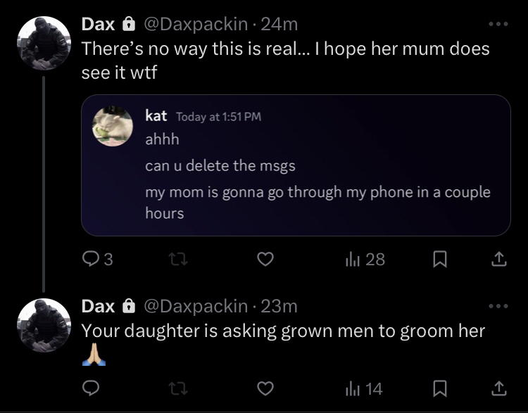 therepolaris's tweet photo. /  TW OVERDOSING MENTION

Don't forget the time Dax faked an overdose and bragged about a 15yo sexualizing herself in his dms on his priv, which he only deleted because someone else pointed out the fact that That is Weird. This guy also still had the time to be + https://t.co/EoqbK1wdan