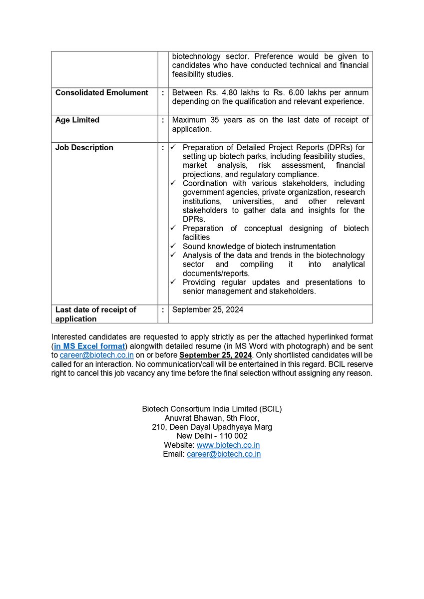 BCIL is hiring! We are looking for a Project Executive (Project Consultancy) on a contractual basis. Apply by September 25, 2024. Don't miss out! biotech.co.in/sites/default/…