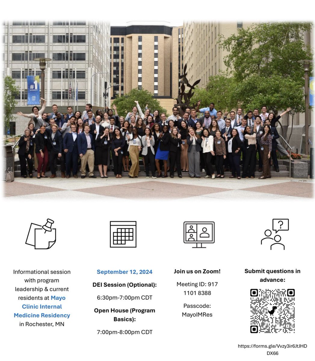 Mayo Clinic Internal Medicine Residency Rochester (@mayomn_imres) on Twitter photo ✨OPEN HOUSE ALERT✨
Join us tomorrow, Thursday, September 12th to learn more about Mayo Clinic Internal Medicine Residency in Rochester, MN!
We can’t wait to connect with you and share why we ❤️ our program! <a href="/CaThompsonMD/">Carrie Thompson, MD</a> ✨OPEN HOUSE ALERT✨
Join us tomorrow, Thursday, September 12th to learn more about Mayo Clinic Internal Medicine Residency in Rochester, MN!
We can’t wait to connect with you and share why we ❤️ our program! <a href="/CaThompsonMD/">Carrie Thompson, MD</a>