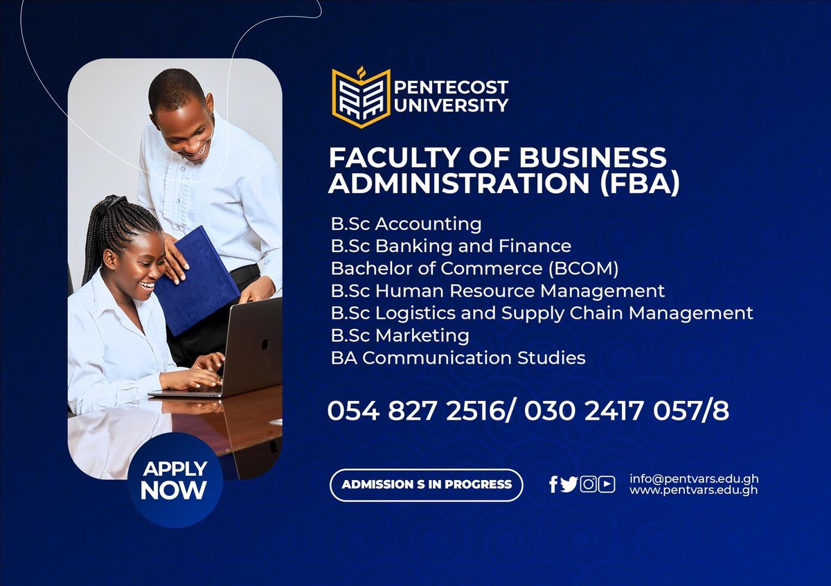 We are excited to announce that Pentecost University is accepting applications for admission to our business administration programmes. The admission requirements to the Faculty of Business programmes are flexible to include #MatureApplicants. Please call us for a spot admission