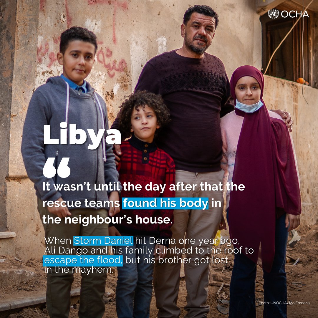 UNOCHA's tweet photo. #StormDaniel left a lasting impact on the people of #Libya.
One year after the disaster, we're sharing stories of hope and resilience as communities try to overcome trauma and rebuild their lives.
📃 Read 👇
https://t.co/MOYL6JfqGh https://t.co/yLpJbtJU4K