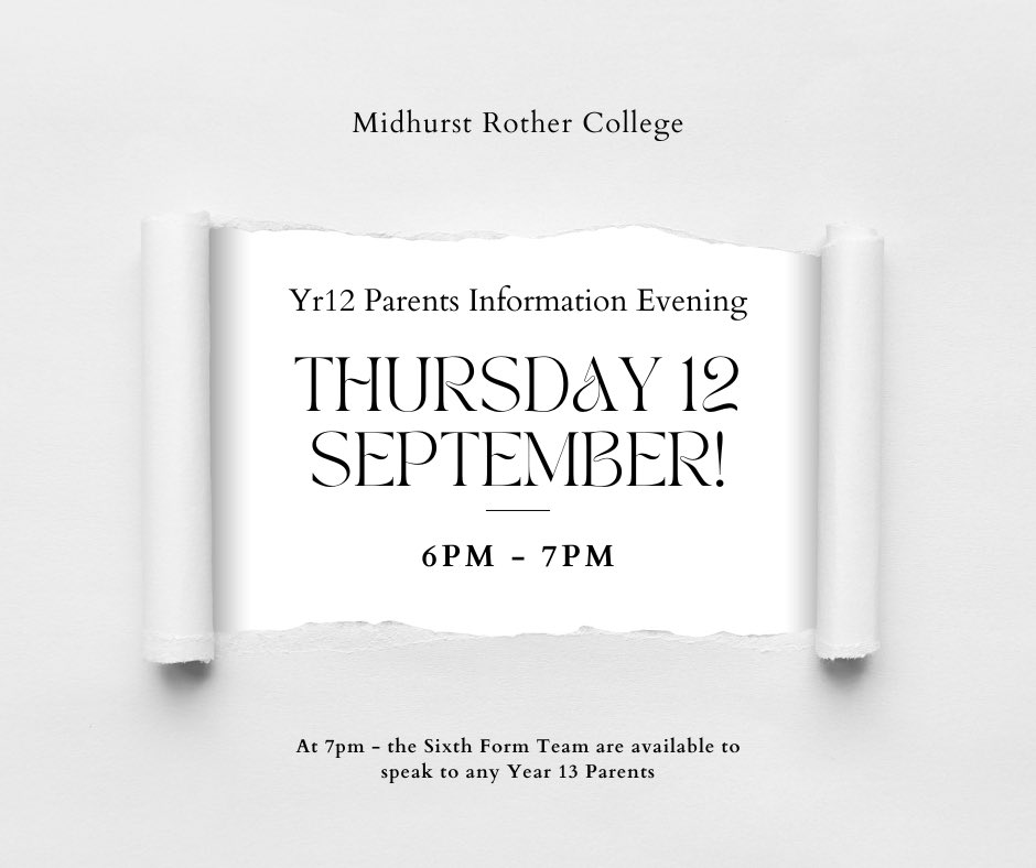Reminder for the Year 12 Parents Information Evening tomorrow night between 6pm-7pm. The Sixth Form Team are also available at 7pm for any Year 13 Parents who wish to speak to them.