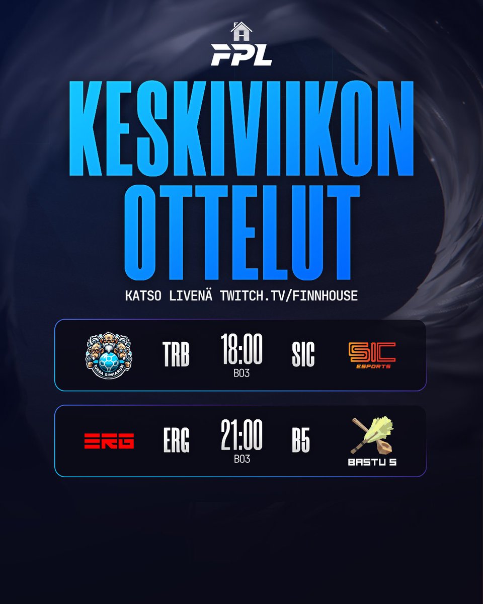 FinnHouseLoL's tweet photo. ⚔️ Tämän päivän pelit: 
#TURBO vs #BALLSIC
#ERG vs #LÖYLYTYS

Ketkä vie voitot? 
Seuraa otteluita klo 18:00-! 

#LUOHETKESI https://t.co/haYNyu3kYg