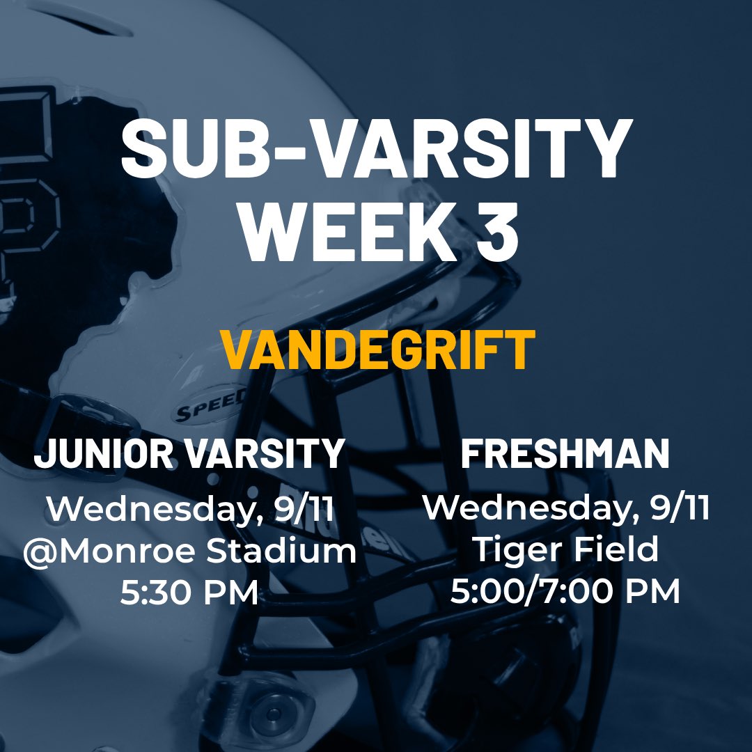 stpfootballbc's tweet image. GAMEDAY | JV &amp;amp; Freshman Squads |

FRESHMAN GAMES
🗓️ Wed September 11
🕔 💛5:00 PM | 💙 7:00 PM
🏟️ TIGER FIELD
🎟️ athletics.roundrockisd.org/tickets/

JUNIOR VARSITY GAME
🗓️ Wed September 11
🕔 5:30 PM
🏟️ Monroe Stadium 
🎟️ leanderisd.org/athletics_tick…

#TigerNation #VanquishtheVipers #WeekThree