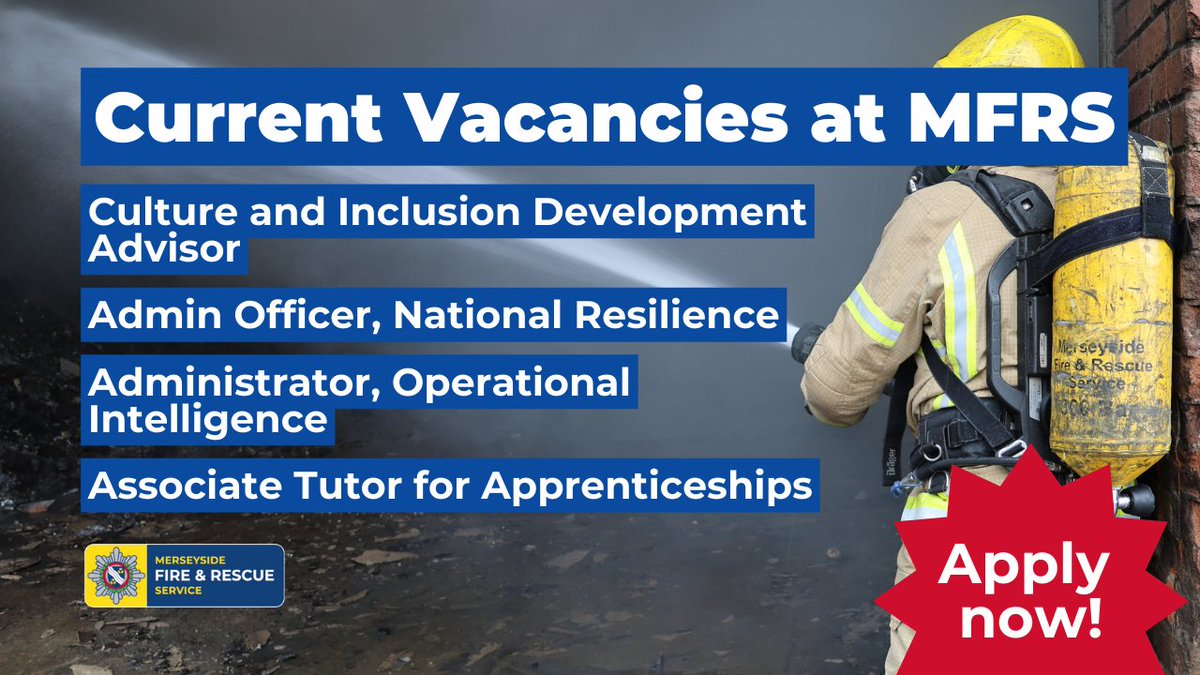 We’re currently recruiting for the following roles: 

🔴 Culture and Inclusion Development Advisor
🔴 Admin Officer, National Resilience
🔴 Administrator, Operational Intelligence
🔴 Associate Tutor for Apprenticeships 

For more information or to apply: merseyfire.gov.uk/careers/featur…