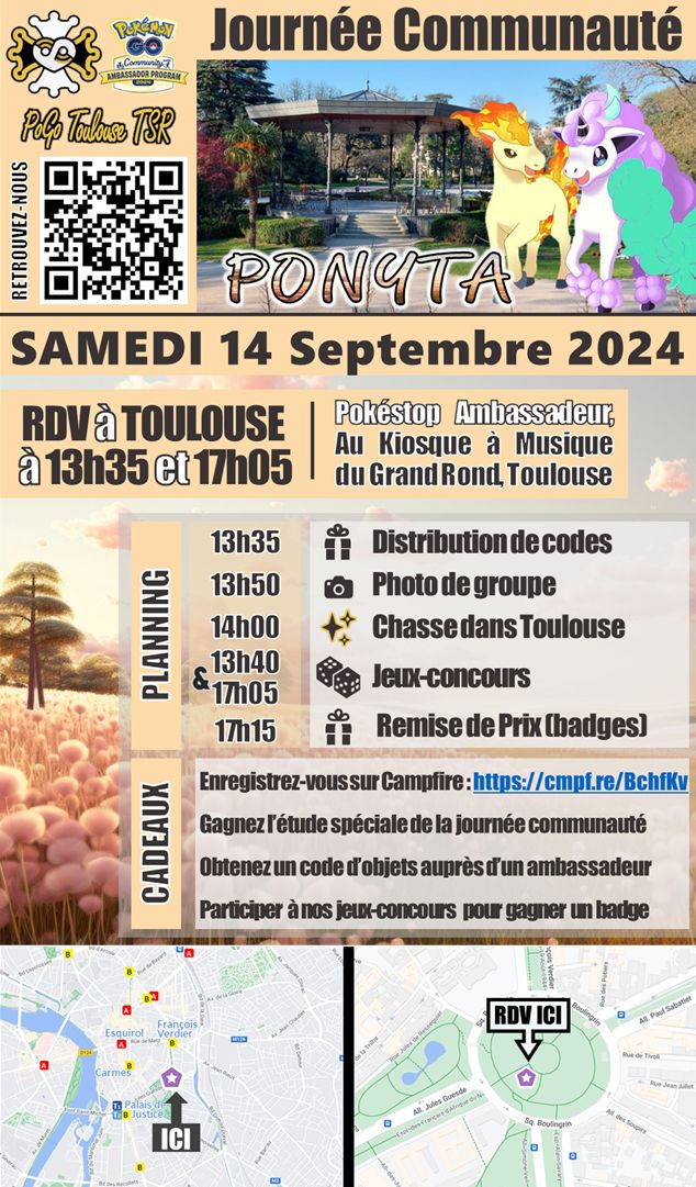 PoGoToulouseTSR's tweet photo. Retrouvez-nous ce samedi à 13h35 et 17h05 au Kiosque à Musique du Grand Rond pour la Journée Communauté Ponyta✨!
Plus d'informations sur l'affiche et notre rencontre Campfire (https://t.co/8rrEiv1DgY)
#PokemonGOCommunityDay #CommunityAmbassador https://t.co/Yf4zHEmwUl