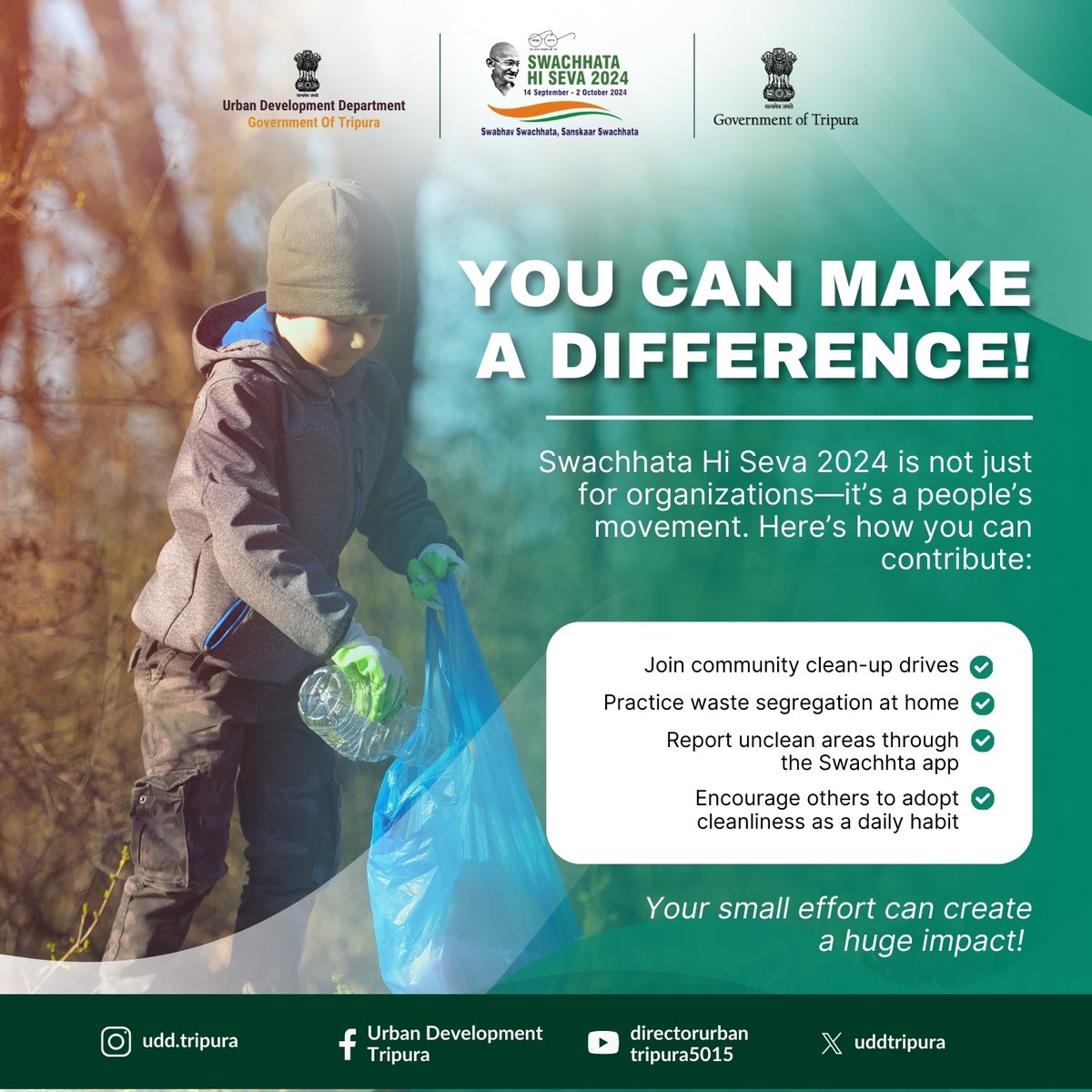 uddtripura's tweet photo. Join Swachhata Hi Seva by participating in clean-up drives, practicing waste segregation, and reporting unclean areas. Your actions matter! 🧹🌿#SHS2024 #SwachhataHiSeva #CleanIndia #IndividualAction @SwachhBharatGov @SwachhBharat @MoHUA_India @MoJSDDWS @AMCtripura @mygovtripura https://t.co/T9wSmGhSOK