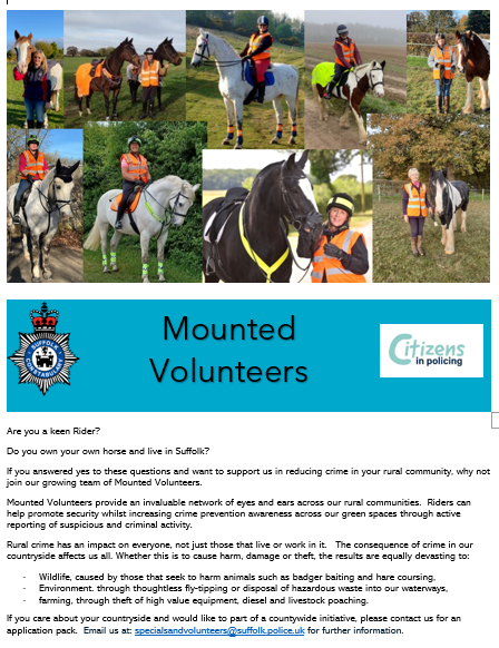 Are you a keen rider? Do you value our amazing #rural spaces#wildlife#farming and #heritage?  Your keen eye for detail and sixth sense can help SuffolkPolice  <a href="/RuralPolicingSC/">Suffolk Rural, Wildlife and Heritage Policing</a> tackle crime.   Join our growing team of #mountedvolunteers already helping us keep Rural Suffolk safe.