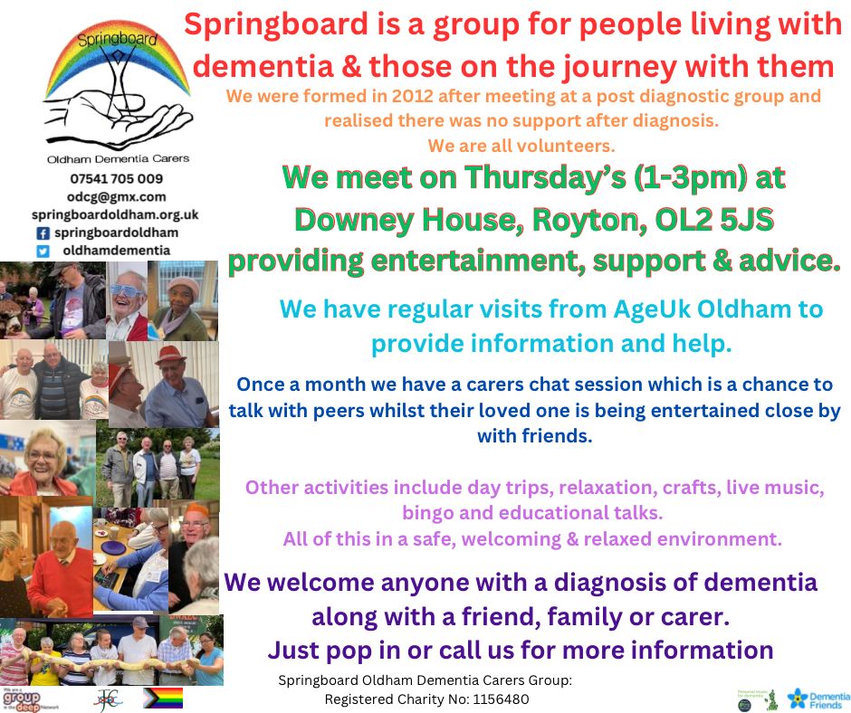 Springboard Oldham Dementia Carers Group meet on Thursday afternoons 1-3pm in Royton, Oldham. We’re a group of volunteers that want to make life fun for those living with dementia and their family, friends and carers. 

#Oldham #Dementia #Carers