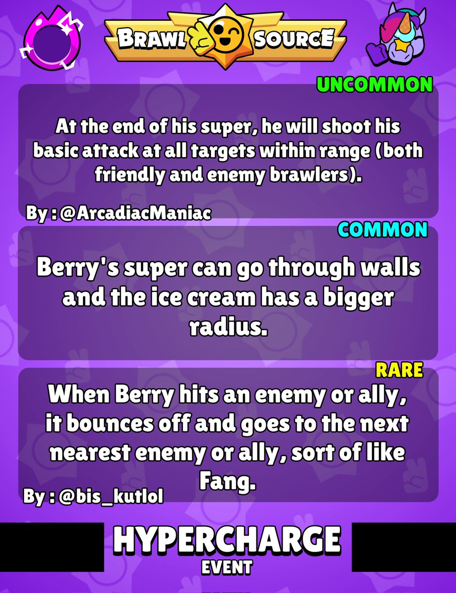 BrawlSource's tweet image. 🌈 HYPERCHARGE BERRY CONCEPTS

Berry is berry good in the meta right now, giving him a hypercharge will make him very broken right? 😛 Here are 3 picked concepts for him. 👏

#BrawlStars #Hypercharge #Berry