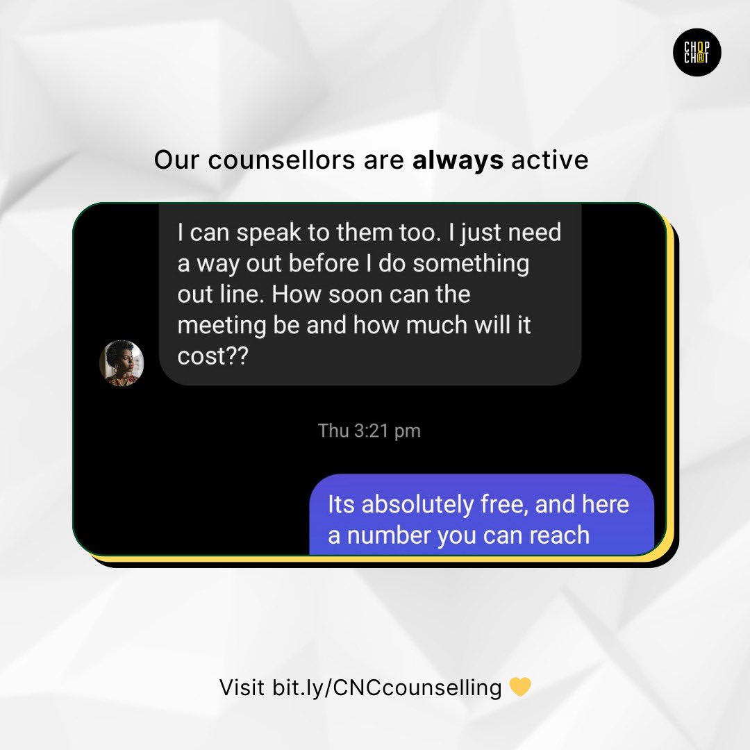 Our counsellors are here to support you whenever you're ready❤️🫂

#mentalhealthsupport #freecounsellinginnigeria #freetherapyinnigeria #mentalhealthmatters #chopandchat