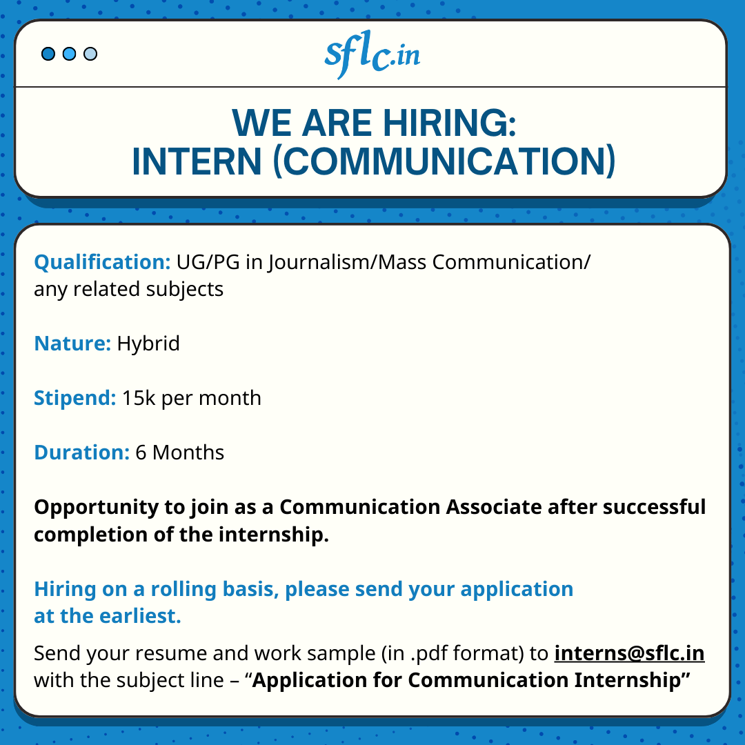 SFLCin's tweet photo. #Hiring #Intern

@SFLCin is looking for a communication #intern for its New Delhi office.

APPLY NOW: https://t.co/JEFAIIqYMX

#SFLCin #internship #communication #FreeSpeech #Job #paid #Hybrid #Career #vacancy #HIRINGNOW #HiringAlert #Jobs #jobsearch #intern https://t.co/m0MoU559ol