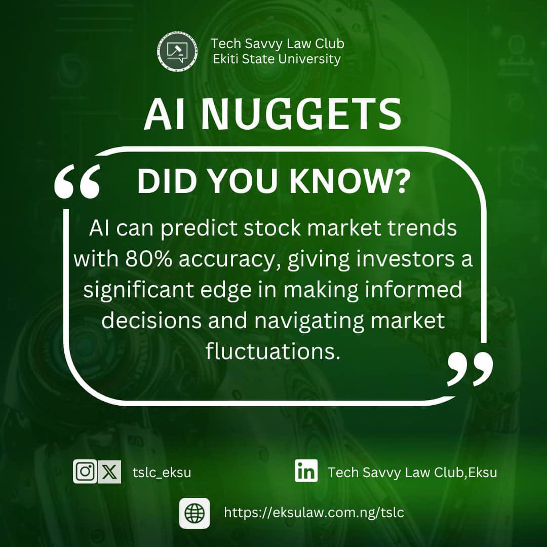 tslc_eksu's tweet photo. On this week’s edition of Wednesday AI nuggets

Do you know?
AI can predict stock market trends with 80% accuracy, giving investors a significant edge in making informed decisions and navigating market fluctuation.

#tslc https://t.co/vQQUcrs4KP