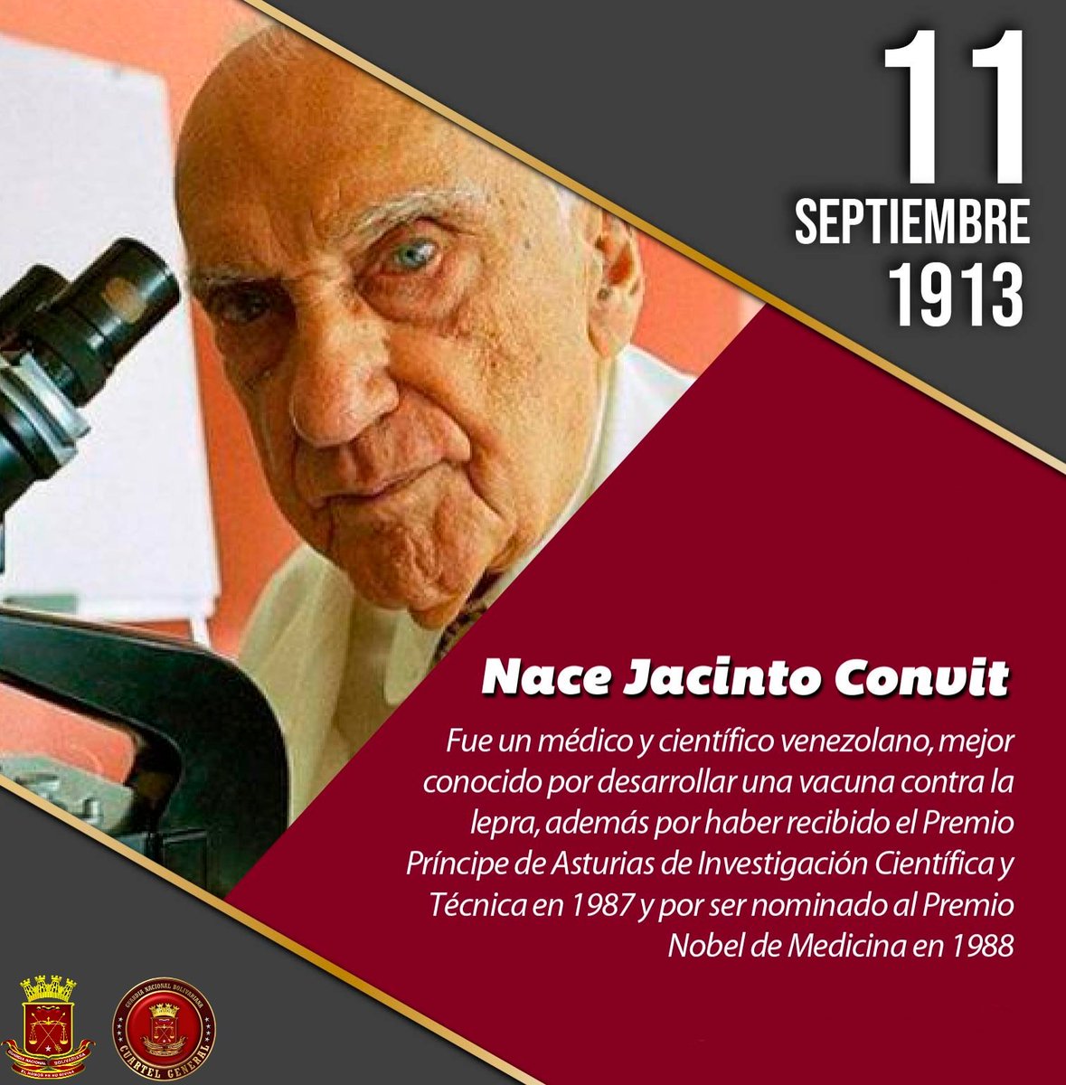 #11Sep de Septiembre de 1913, Nace Jacinto Convit, fue un médico y científico venezolano, conocido por desarrollar la vacuna contra la lepra y sus estudios para curar distintos tipos de cáncer.