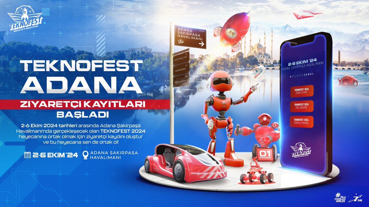 📢 #TEKNOFESTADANA için Ziyaretçi Kayıtları Başladı ❗️

2️⃣-6️⃣ Ekim tarihlerinde ADANA’dayız. 🤩🚀

Kaydınızı oluşturun, TEKNOFEST coşkusuna siz de katılın. 

📍Adana Şakirpaşa Havalimanı
 
👉 KAYIT: mth.tc/TF24ZiyaretciF…