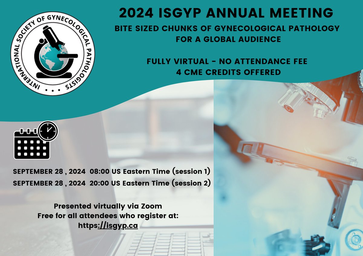 Join the virtual 4th ISGyP Annual Meeting "Bite Sized Chunks of Gynaecological Pathology for a Global Audience", Sep 28, for free! Expert lectures in #gynpath Open to all pathologists &amp; trainees. 4 CME credits offered. Register @ us02web.zoom.us/webinar/regist…