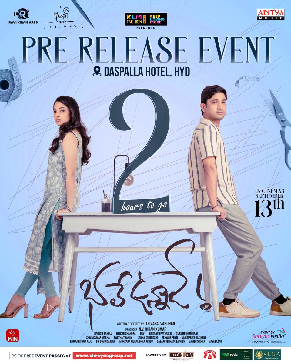 Shreyas Sriniwaas (@shreyasmedia) on Twitter photo Just 2️⃣ hours to go until the <a href="/KLM_FashionMall/">#KeepLovingMore</a> Presents Grand Pre-Release Event of #BhaleUnnade! Get ready for an unforgettable night! 🤩💥
📍Daspalla Hotel, Hyd.
Book your passes now: 🎟️shreyas.media/b
World Wide Grand Release on sep13
#BhaleUnnadeonSep13
Event by Just 2️⃣ hours to go until the <a href="/KLM_FashionMall/">#KeepLovingMore</a> Presents Grand Pre-Release Event of #BhaleUnnade! Get ready for an unforgettable night! 🤩💥
📍Daspalla Hotel, Hyd.
Book your passes now: 🎟️shreyas.media/b
World Wide Grand Release on sep13
#BhaleUnnadeonSep13
Event by