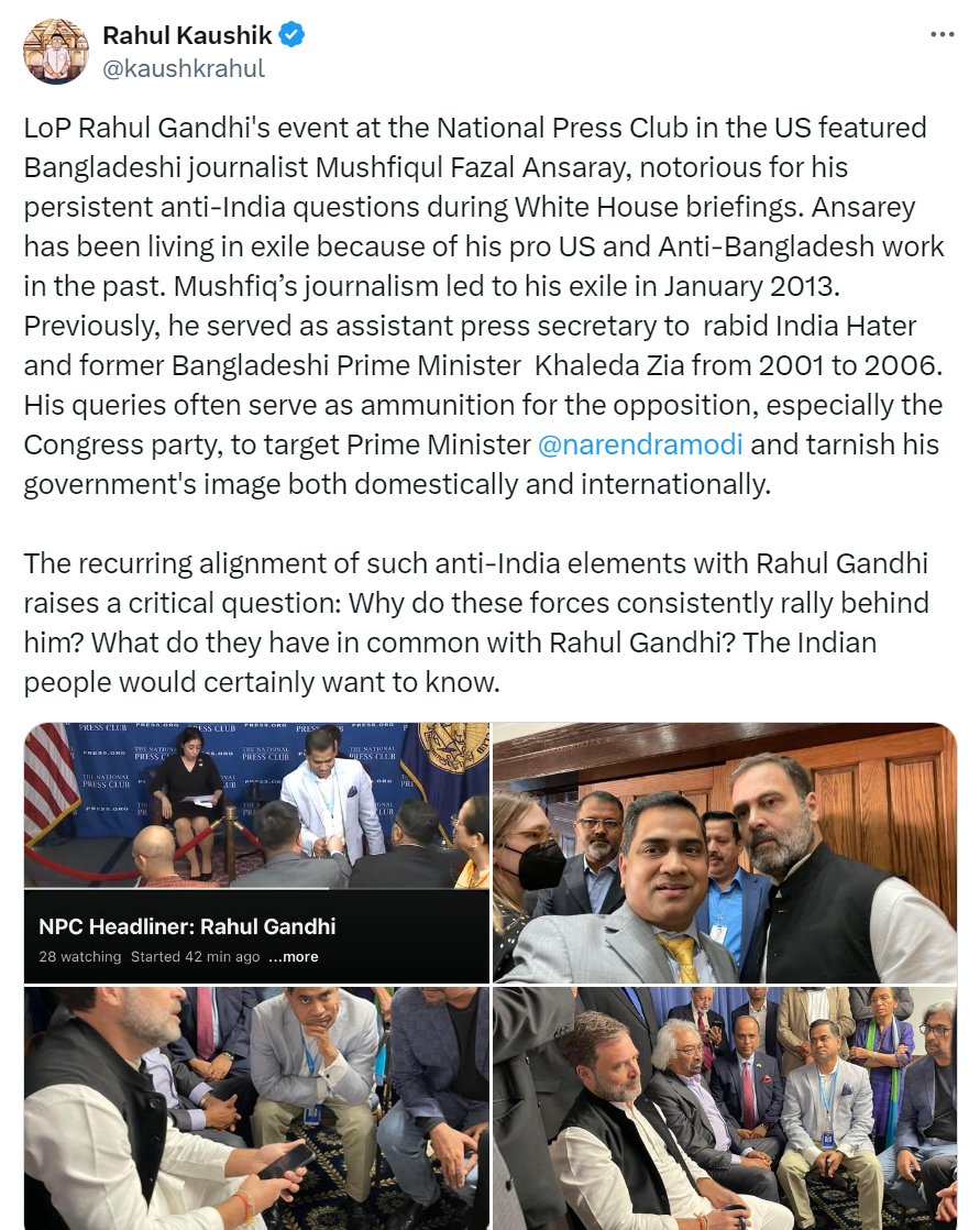 Tejasvi_Surya's tweet photo. For how long are we going to pretend that it is normal for Rahul Gandhi to be Anti India? 

Rahul Gandhi has transformed himself into a full-fledged Agent who is out to fundamentally harm India in all aspects.

In him, International Anti India Ecosystem has found a domestic representative who consistently undermines India and its position.

His ideas and thoughts reveal deeply Anti-India themes. The people he is meeting hint at his natural ideological alignment, and the remarks he’s making about Indian society sound like an all out attempt to introduce fissures, and break Indians into pieces. This reeks of a design an erstwhile Foreign Agent would do to India in pre-Independence Era.

This needs to be called out. I will be holding a detailed Press Conference tomorrow in Bengaluru on this.