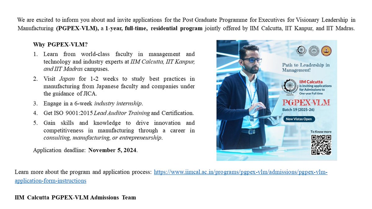 IIM_Calcutta's tweet image. Admissions Open: PGPEX-VLM Batch 19 (2025-26)

For more details, visit: iimcal.ac.in/programs/pgpex…

#management #manufacturing #postgraduateprogram #workingprofessionals #iimcalcutta #IITMadras #iitkanpur