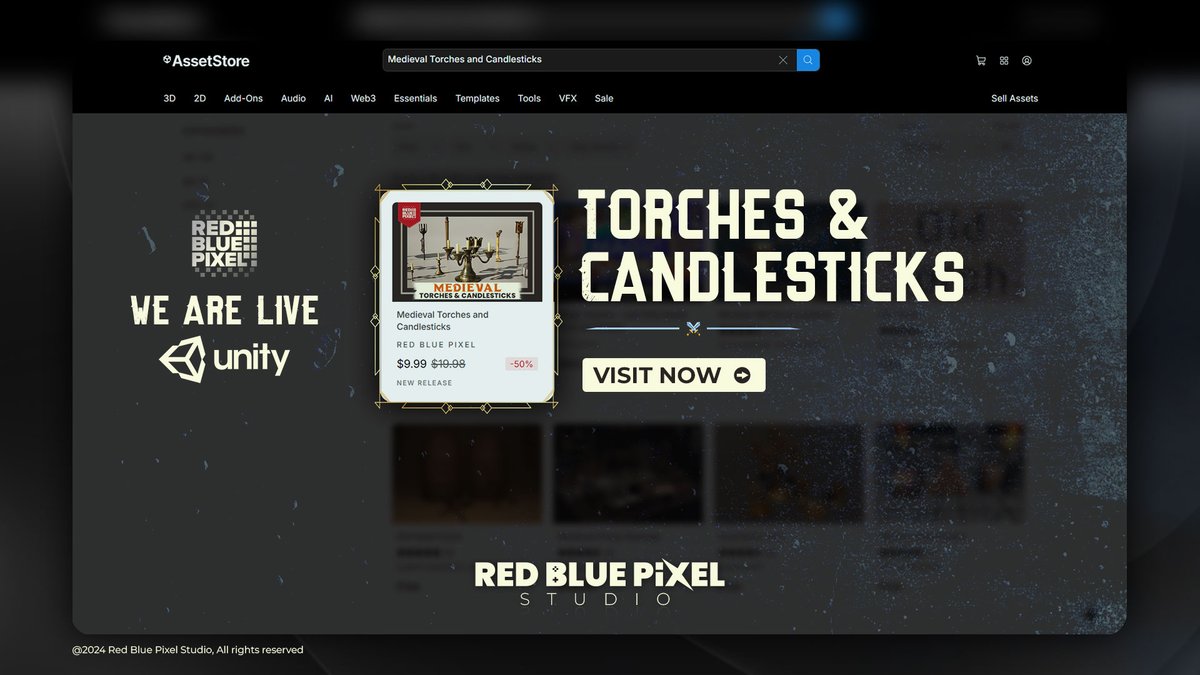 RedBluePixel's tweet image. Our Torches & Candlesticks pack is NOW LIVE on Unity!
assetstore.unity.com/packages/3d/pr…
#UnityAssets #MedievalMagic #GameDevTools #LightUpYourGame