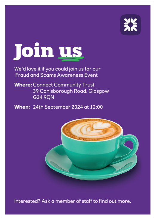 Connect Community Trust (@trustconnect) on Twitter photo Worried about being a victim of fraud or scams? Pop along to the Connie on 24th Sept at 12pm where we will be hosting <a href="/RBS_Help/">Royal Bank</a> who will be discussing fraud and scams. No booking required just pop along! Worried about being a victim of fraud or scams? Pop along to the Connie on 24th Sept at 12pm where we will be hosting <a href="/RBS_Help/">Royal Bank</a> who will be discussing fraud and scams. No booking required just pop along!