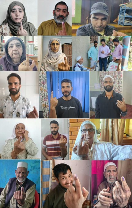jindadlKashmir's tweet image. #AssemblyElections2024

Bringing #Democracy to your doorstep for voters with special needs.  

Happy voters of Pulwama displaying their ink mark after casting their votes at their homes.
   
V/C:-@KashmirAhead

#kashmirlife #MalaikaArora #earthquake #RiteishDeshmukh #pulwama