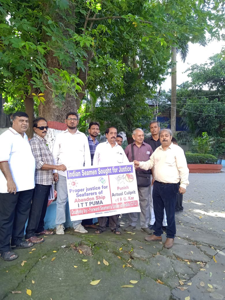 FSUIINDIA's tweet photo. @FSUIINDIA #protest for justice to family of #Seafarers died onboard vessel #IITPuma which sank on 25th august off-coast of sagar island of port Blair. #seafarers were missing family submitted that management is not supportive .  @dgship_goi @shipmin_india @LabourGovTT 
@cituhq https://t.co/U9j2NGOVq6