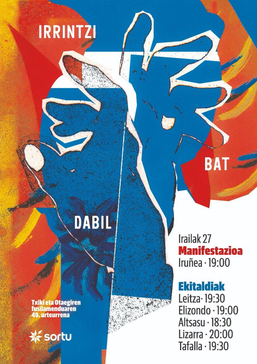 Irailaren 27an 49 urte beteko dira frankismoak Txiki eta Otaegi fusilatu zituenetik.

Haien ametsaren aldeko #irrintzibatdabil Euskal Herrian barna.

📌 Irailaren 27an Mobilizazioa eta ekitaldiak Nafarroan.

📌 Irailaren 29an Azpeitiko Soreasu antzokian Nazio ekitaldia.

#INDarra