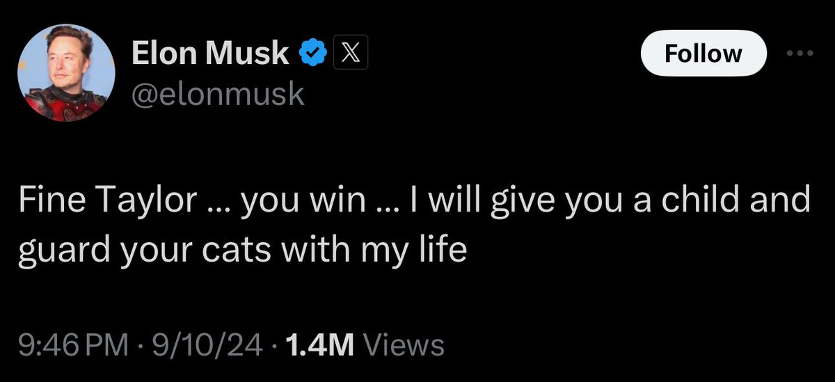 Hey elon, I triple dog dare you to tell Taylor you'll impregnate her while Travis is standing next to her.