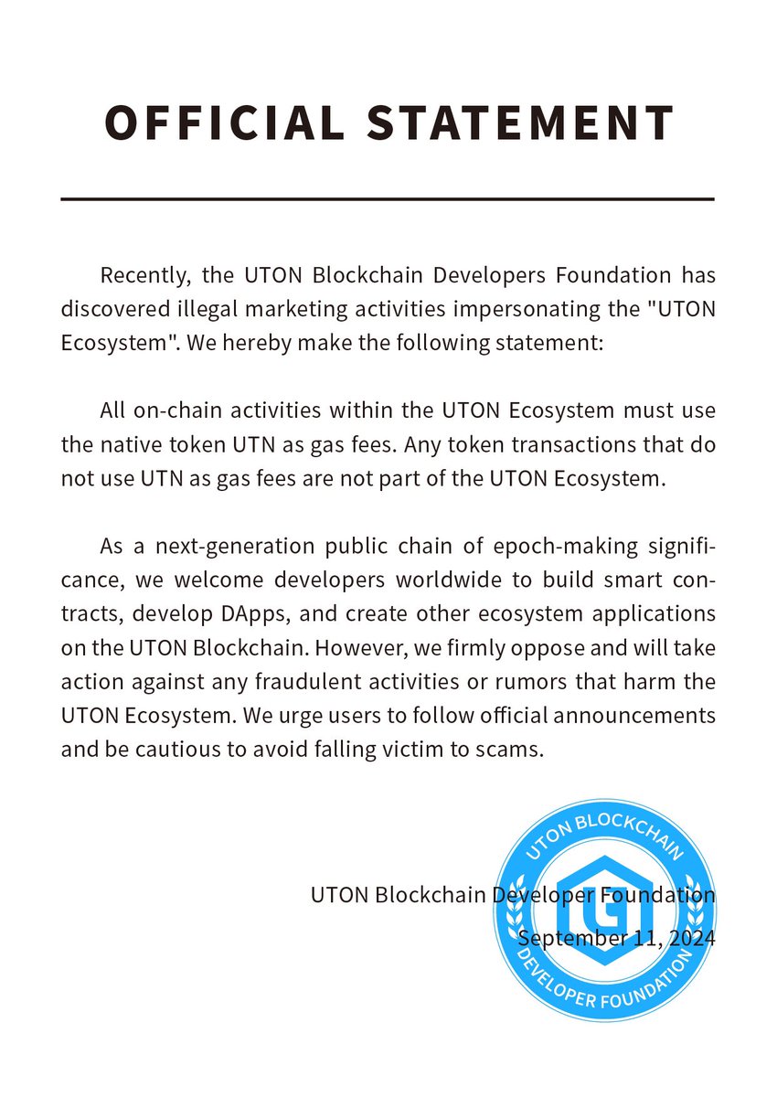 UTONBlockChain's tweet photo. Attention all #UTONBlockchain users! Stay vigilant and beware of fraudulent activities impersonating the UTON Ecosystem. Only use UTN as gas fees for on-chain activities to ensure you're part of the official UTON Ecosystem. #UTN #Blockchain https://t.co/7wckNf2pUZ