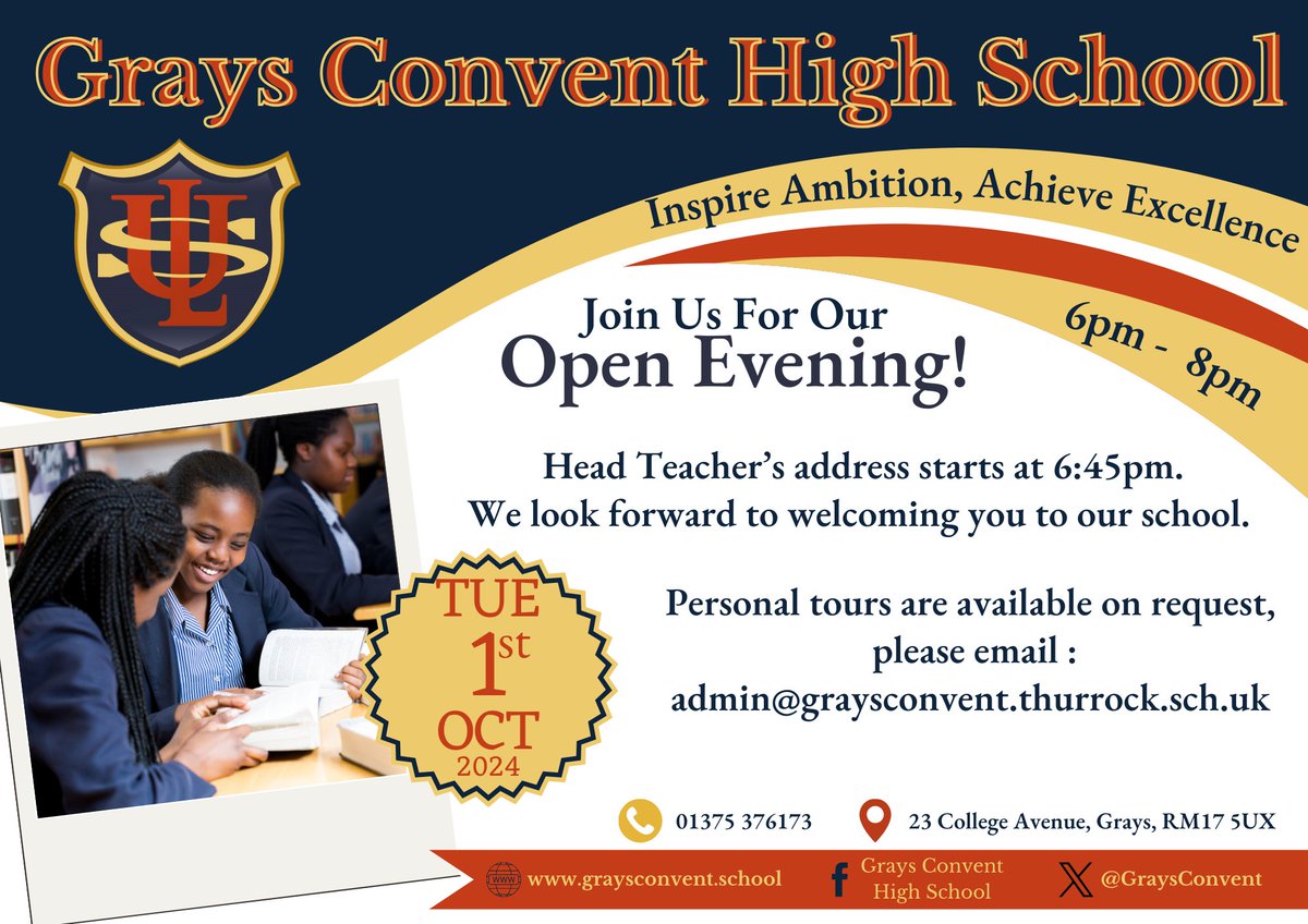 Looking for a senior school for you daughter, visit Grays Convent for our open evening on the 1st October 2024 6pm - 8pm