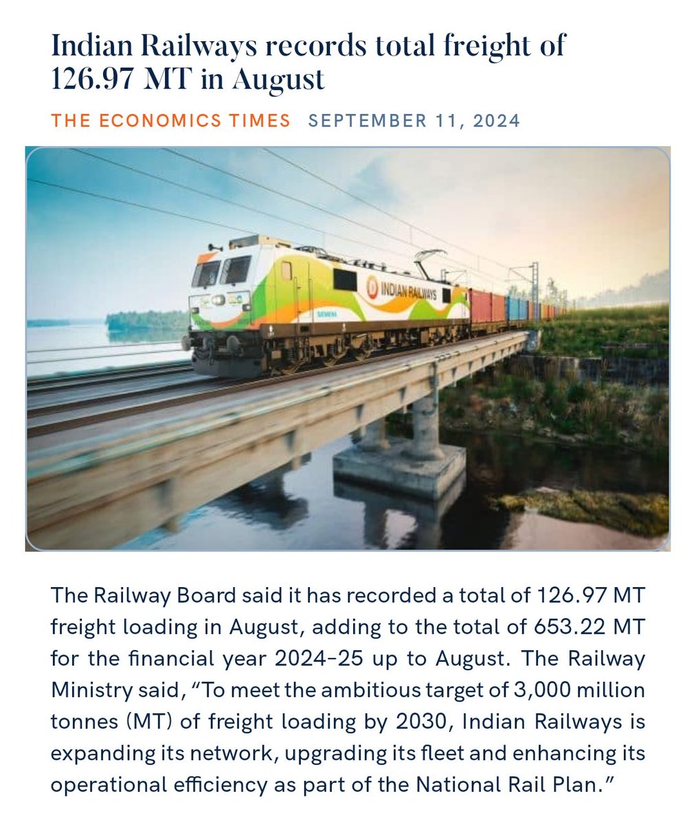 Shivanandkr90's tweet photo. Indian Railways records total freight of 126.97 MT in August
https://t.co/uHqdpmd28n

@narendramodi https://t.co/7BoAStKs5r