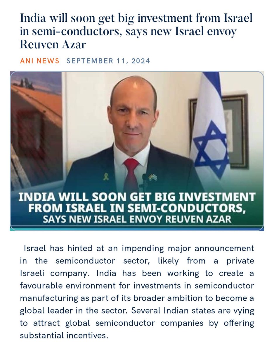 Shivanandkr90's tweet photo. India will soon get big investment from Israel in semi-conductors, says new Israel envoy Reuven Azar
https://t.co/lbIRdJ518T

@narendramodi https://t.co/TGztiLfojq