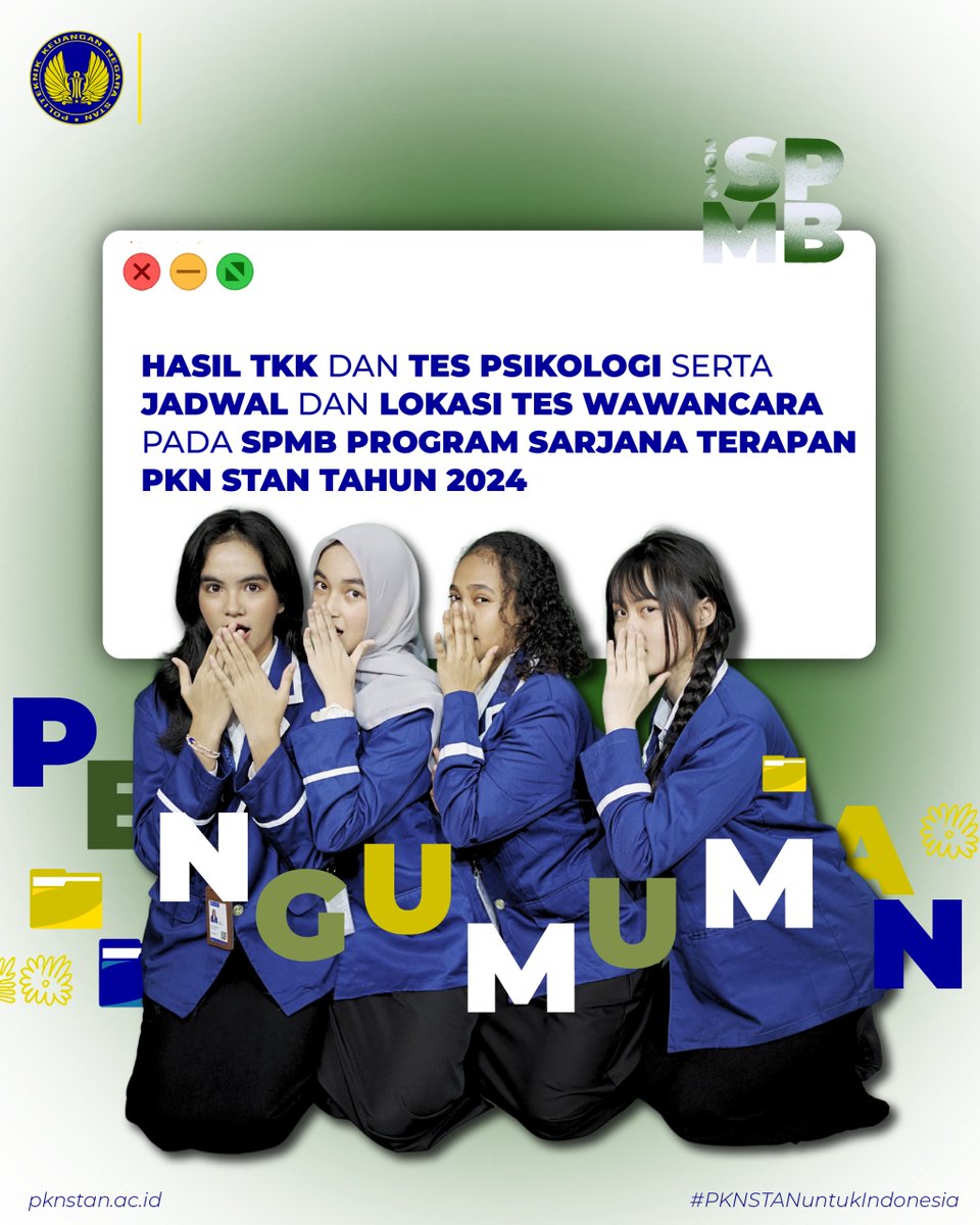 pknstanid's tweet photo. Halo, Staners!

Berikut Pengumuman Hasil Seleksi Lanjutan I serta Jadwal dan Lokasi Seleksi Lanjutan II  pada #SPMBPKNSTAN2024 yang bisa diakses secara lengkap di https://t.co/Rvc93lPIAB

Silakan dibaca dengan saksama, yaa

Tinggal satu langkah lagi! Semangat! ✊🏼💥 https://t.co/hZ8Zslxoe9