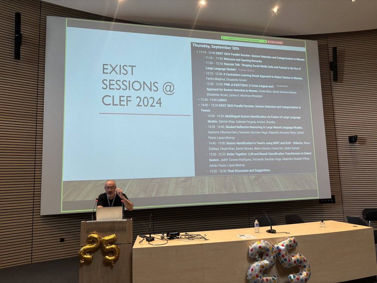 Damiano Spina 🦋@damianospina.com (@damiano10) on Twitter photo .<a href="/JulioGonzalo1/">Julio Gonzalo</a> and <a href="/JCAlbornozC/">Jorge Carrillo-de-Albornoz</a> just presented the overview of our #EXIST Lab at #CLEF2024 on Sexism Characterisation in Tweets and Memes
<a href="/clef_initiative/">CLEF</a> <a href="/UNEDNLP/">nlp.uned.es</a> <a href="/RMITComputing/">RMIT School of Computing Technologies</a> <a href="/UPV/">Universitat Politècnica de València</a>
If you’re attending #clef2024, don’t miss our sessions tomorrow: nlp.uned.es/exist2024/#:~:… .<a href="/JulioGonzalo1/">Julio Gonzalo</a> and <a href="/JCAlbornozC/">Jorge Carrillo-de-Albornoz</a> just presented the overview of our #EXIST Lab at #CLEF2024 on Sexism Characterisation in Tweets and Memes
<a href="/clef_initiative/">CLEF</a> <a href="/UNEDNLP/">nlp.uned.es</a> <a href="/RMITComputing/">RMIT School of Computing Technologies</a> <a href="/UPV/">Universitat Politècnica de València</a>
If you’re attending #clef2024, don’t miss our sessions tomorrow: nlp.uned.es/exist2024/#:~:…