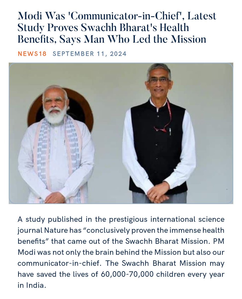 Shivanandkr90's tweet photo. Modi Was 'Communicator-in-Chief', Latest Study Proves Swachh Bharat's Health Benefits, Says Man Who Led the Mission
https://t.co/nXIEY164nf

@narendramodi https://t.co/2mxS4mzyVa