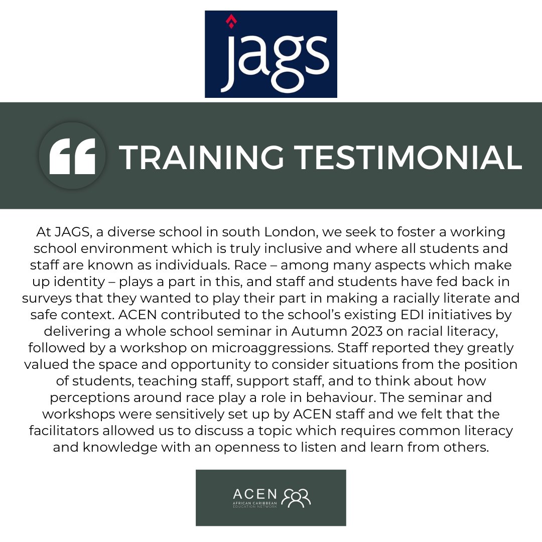 ACEN partners with schools for tailored racial inclusion training, from year 6 to SLTs. Our comprehensive approach includes INSET training, strategy sessions, and department-specific workshops. Info: aceducationnetwork.com/training-cours… #RacialInclusion #Training #Education