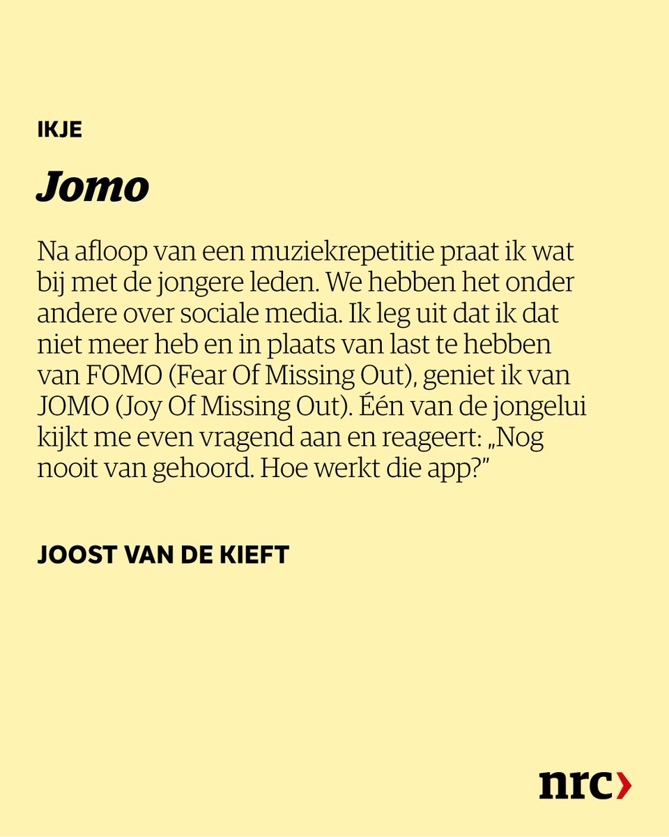 Het Ikje van vandaag: Jomo. Ook een Ikje opsturen? Dat kan door maximaal 120 woorden te mailen naar ik@nrc.nl