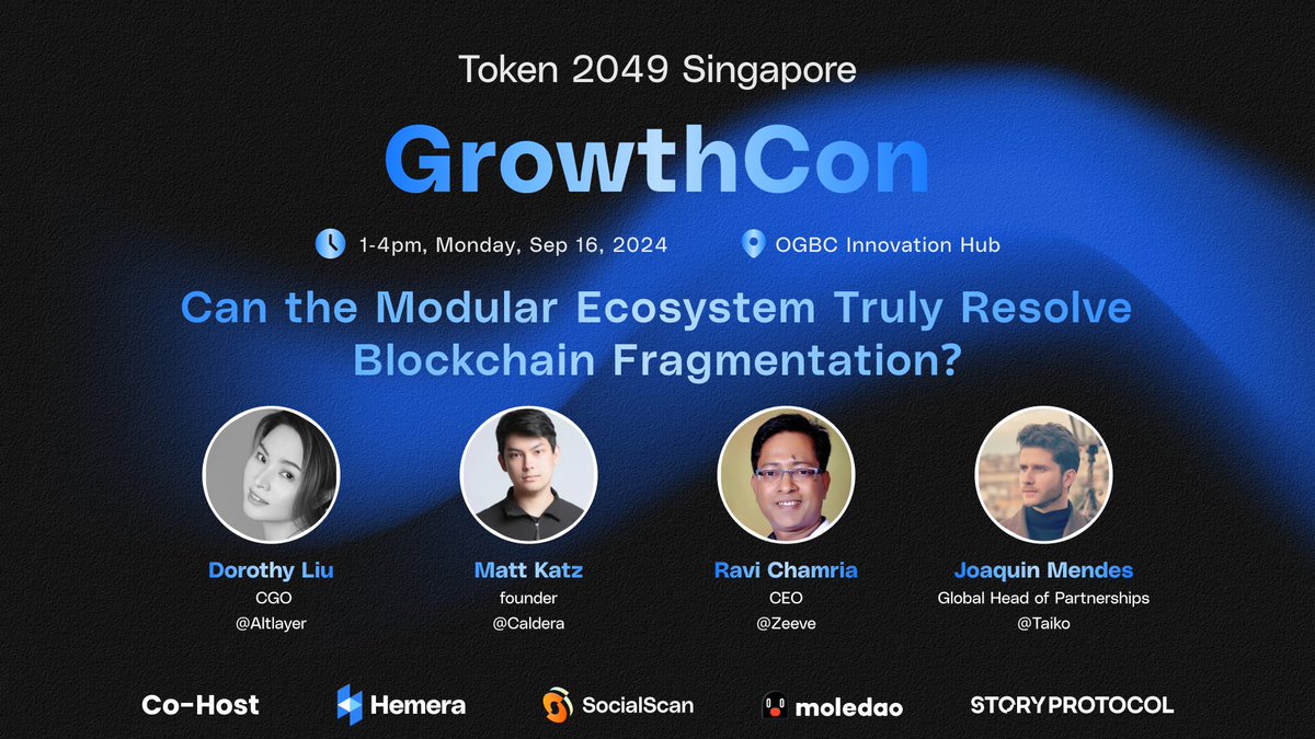 HemeraProtocol's tweet photo. Join us for an exciting #Rollup panel at #GrowthCon #Token2049, hosted by @HemeraProtocol, @StoryProtocol and @moledao_io.

Topic: Can the #Modular Ecosystem Truly Resolve #Blockchain Fragmentation?

Featuring:
🔹 @Dorothy_defi from @alt_layer
🔹 @0xkatz from @Caldera_Network
🔹 @rpchamria from @0xZeeve
🔹 @Joaquin_Mendes1 from @taikoxyz

👉 Register here: https://t.co/TH2EruVugL