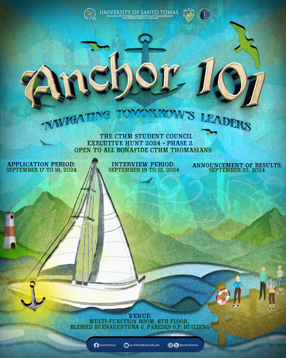 USTCTHMSC's tweet photo. Anchors aweigh, sailors of CTHM! 💚💙

Ready to chart your course for leadership? 🌊 Future leaders, your voyage begins now! 

#ANCHOR101 
#NavigateToLead
#CTHMSCExecutiveHunt2024
CTHMSC2425 https://t.co/kHODNCvY4b